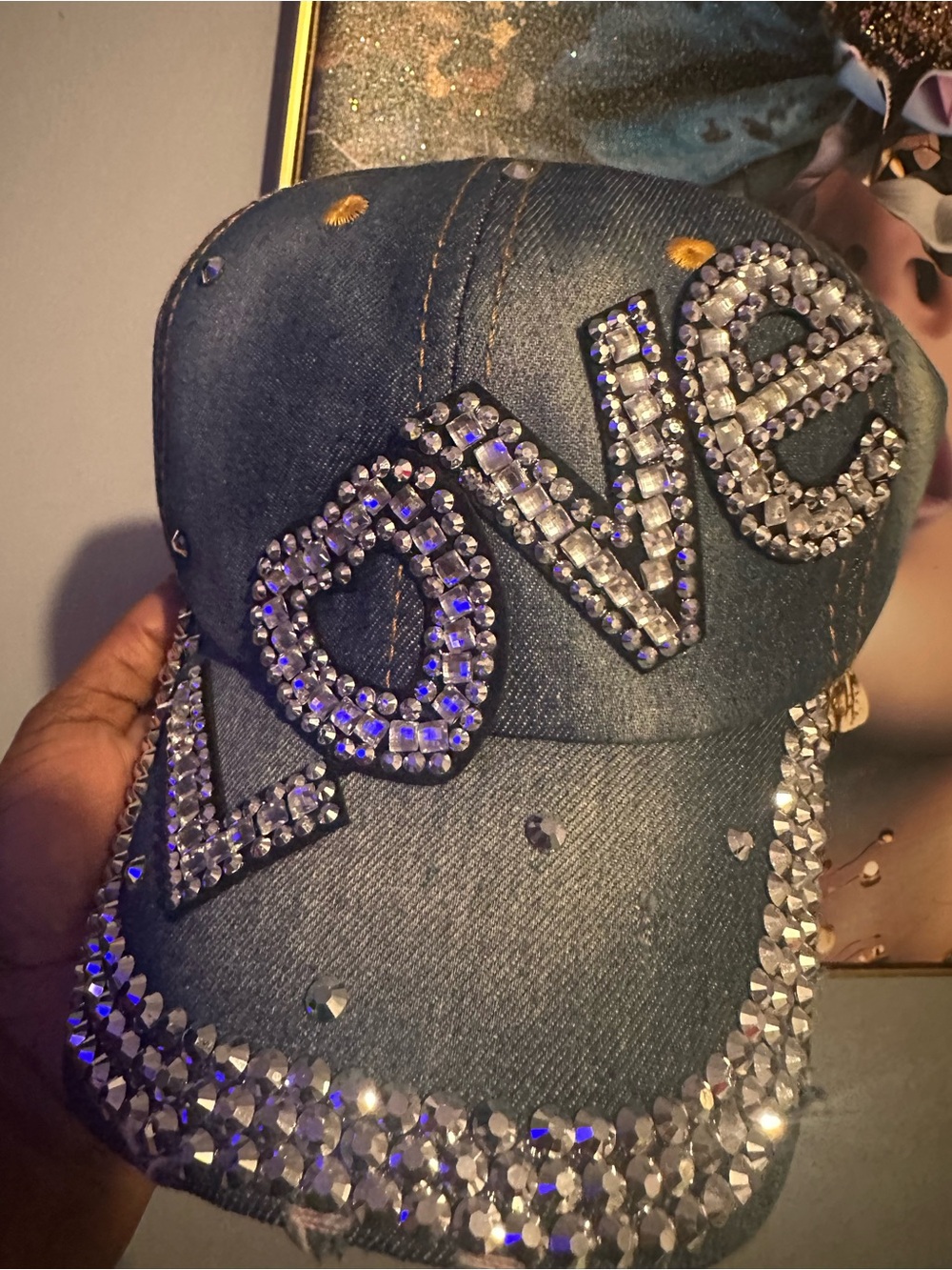 Rhinestone 'LOVE' Denim Baseball Cap - Blue